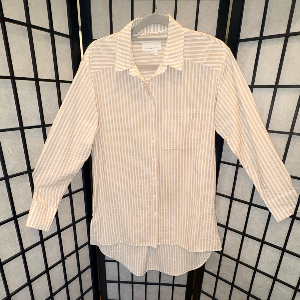 By Anthropologie Striped Bennett Buttondown Shirt Tunic Tan XS